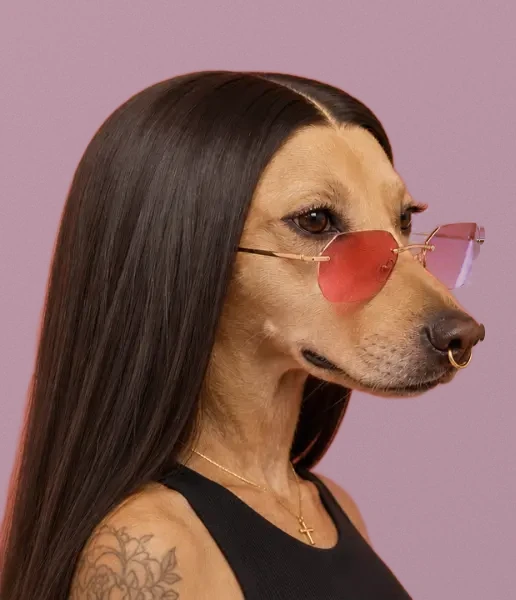 Retrato de la fundadora de Lumeka Studio en versión perrita, con melena larga y gafas de sol rosas, sobre fondo rosa malva