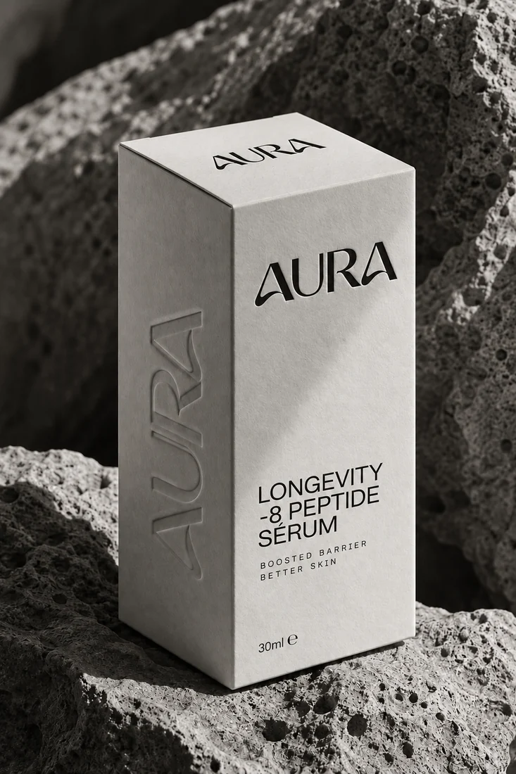 Packaging para Aura: caja de sérum sobre piedra volcánica